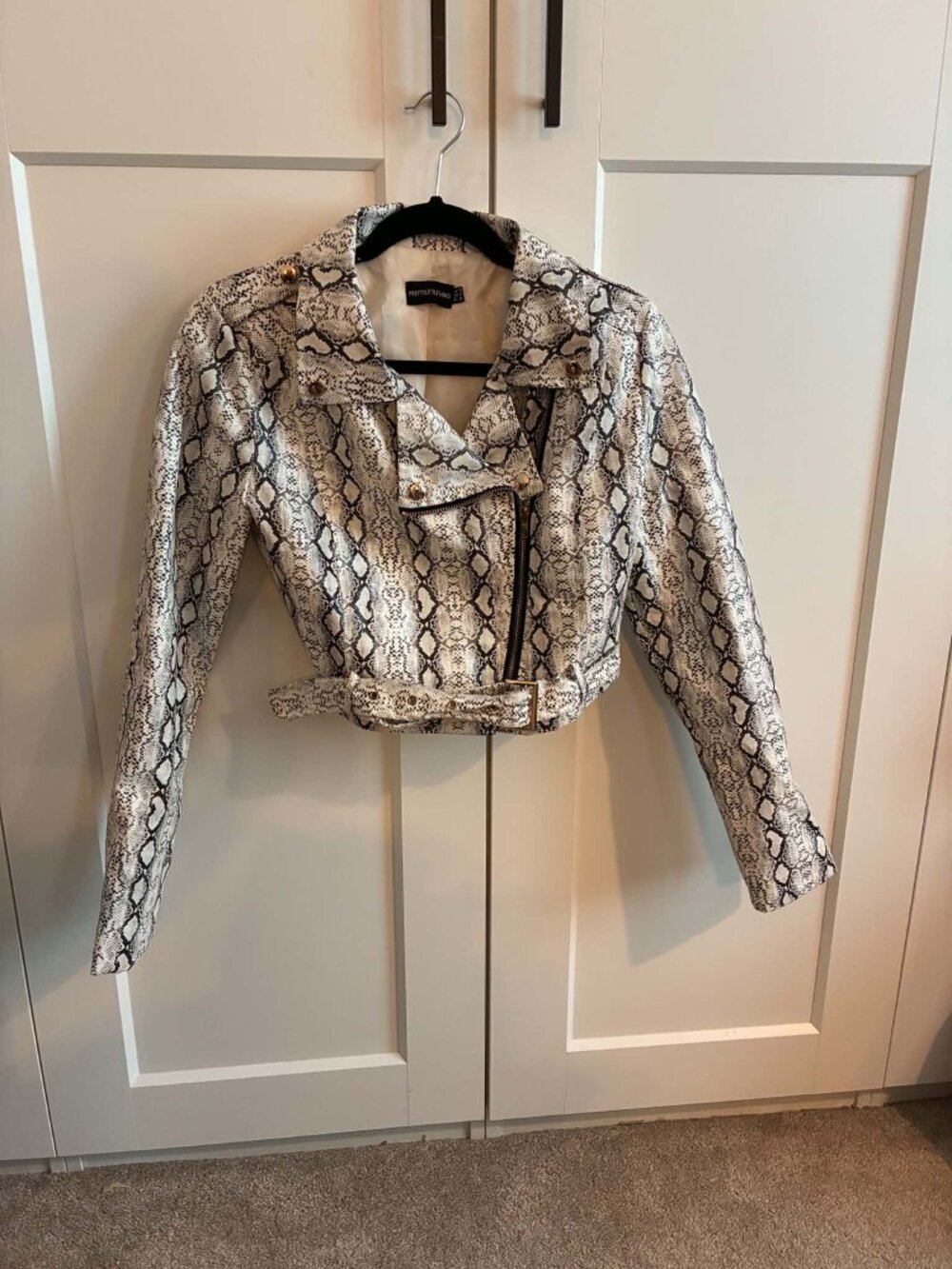 PrettyLittleThing Snakeskin Cropped Biker Jacket - Size 6
